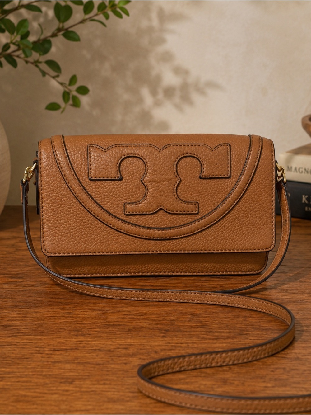 Tory Burch All T Combo Brown Pebbled Leather Crossbody Shoulder Bag Purse